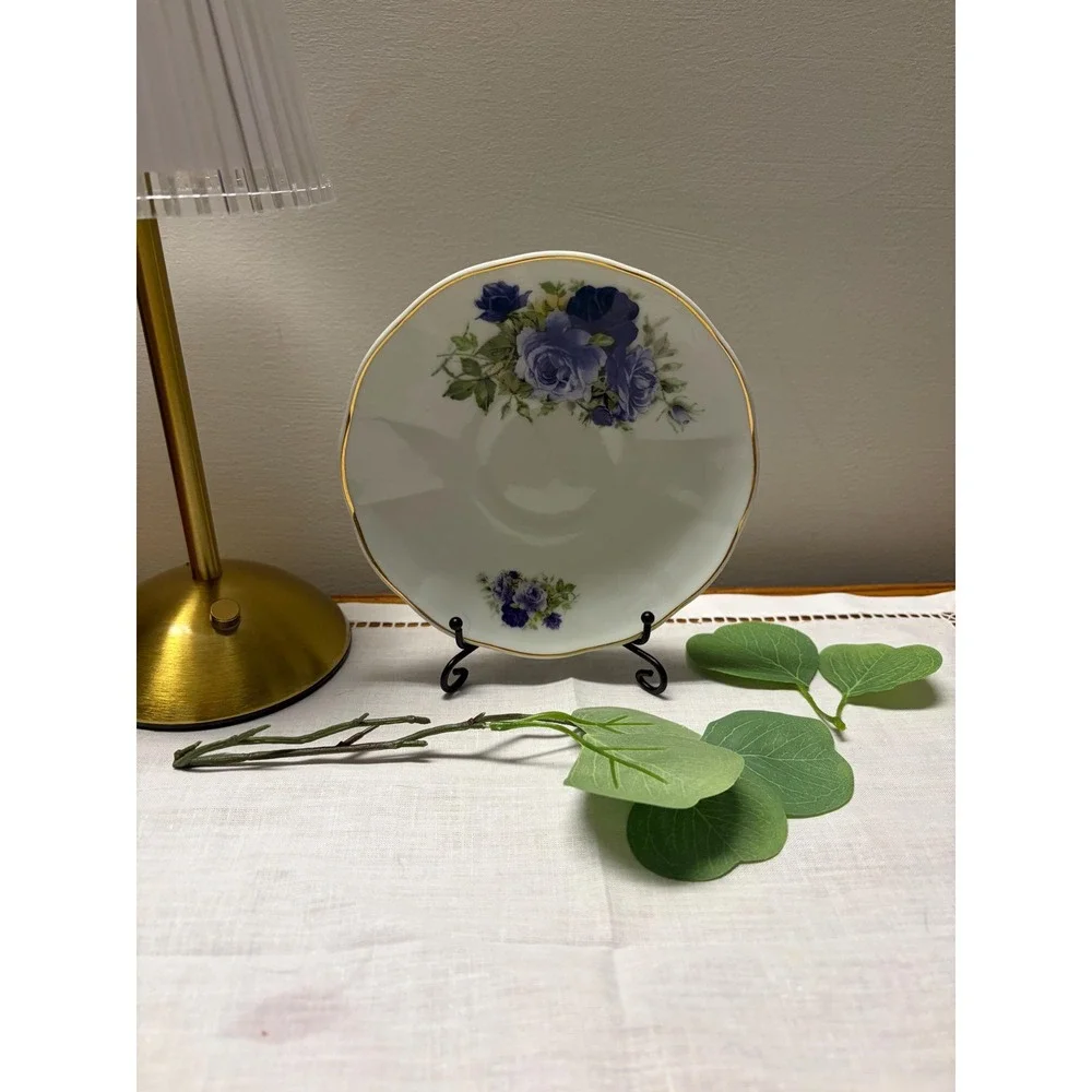 Vintage Blue Rose‎ Porcelain Saucer | Gold Gilded Rim Tea Party Decor